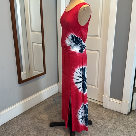 Patriotic Red White Blue Tie Dye sleeves less Maxi Dress Long Medium 4th of July - Picture 3 of 10